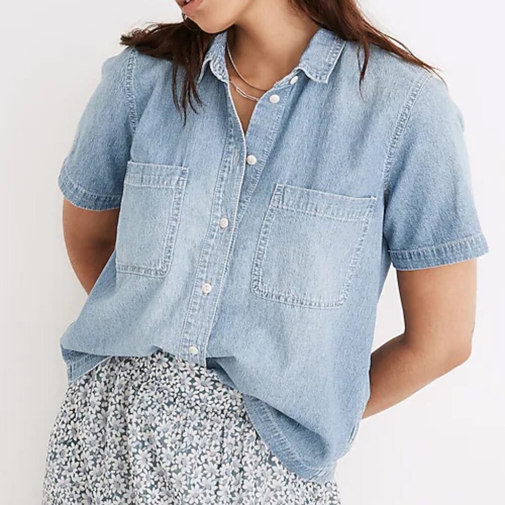MADEWELL Denim Short-Sleeve Button-Up Shirt in Brickton Wash